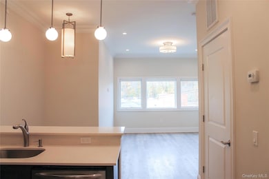 Kitchen with ornamental molding, light wood-type flooring, hanging light fixtures, light stone countertops, and stainless steel dishwasher