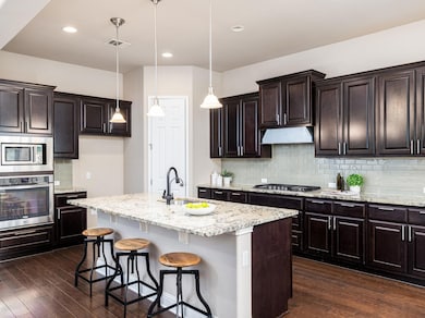 Kitchen with dark wood-style flooring, under cabi
