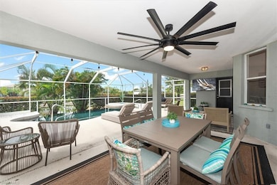 View of patio / terrace featuring ceiling fan, an outdoor hangout area, a lanai, and outdoor dining space