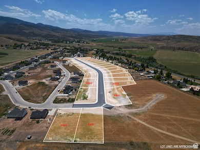 Aerial view of sparsely populated area with property parcel outlined and mountains