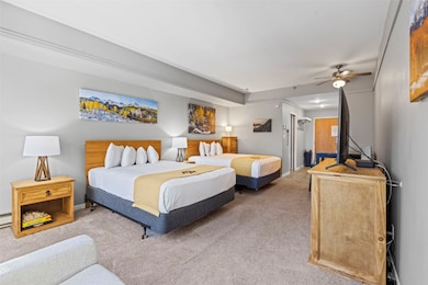 Carpeted bedroom featuring ceiling fan and ornamen
