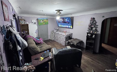 Living area featuring dark wood finished floors and arched walkways