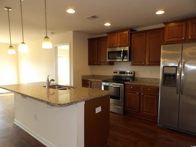 Kitchen with appliances with stainless steel finishes, a sink, dark wood-style floors, recessed lighting, and a center island with sink