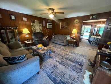 Carpeted living room featuring wood walls, an AC w