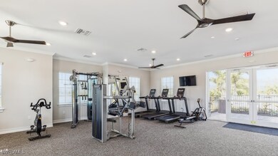 Workout area with crown molding, carpet floors, fr