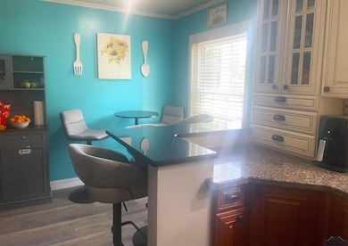 Kitchen Bar with ornamental molding and wood finished floors