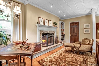 Woodburning Fireplace, random-width hardwood floor