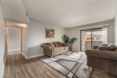 Living room featuring wood finished floors and a textured ceiling