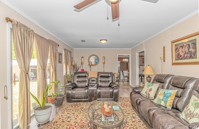 Living area with ornamental molding, ceiling fan, 