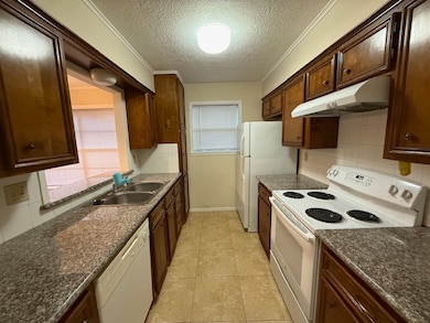Kitchen with white appliances, decorative backspla