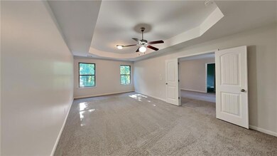 Carpeted spare room featuring ceiling fan and a tr