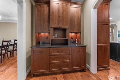 Bar with arched walkways, light wood finished floors, dark stone counters, and crown molding
