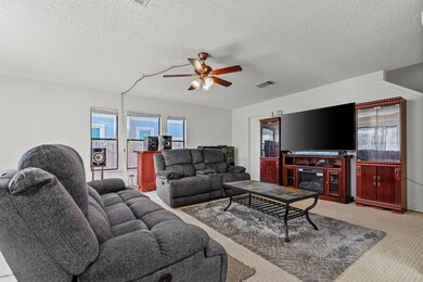 Living room with a ceiling fan, carpet, and a tex