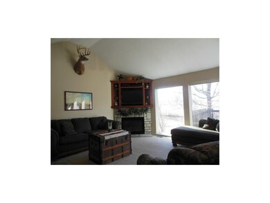 Living room with corner fireplace.