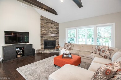 Living room with high vaulted ceiling, a stone fireplace, dark hardwood / wood-style floors, and beam ceiling