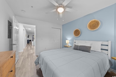 Bedroom with a closet, ceiling fan, light hardwood / wood-style flooring, and electric panel