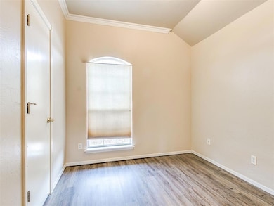 Spare room featuring wood finished floors, healthy amount of natural light, baseboards, ornamental molding, and lofted ceiling