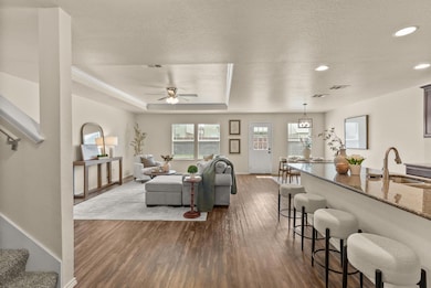 Living area featuring dark wood-type flooring, a 