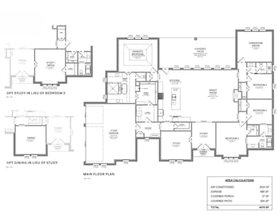 Floor Plan with options to replace Bedroom 2 with Study and/or replace Study with a Dining Room. All plans can be customized as Scott Post Homes is a full custom builder