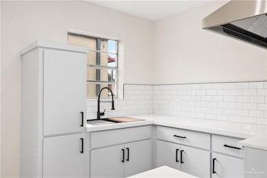 Kitchen with tasteful backsplash, ventilation hood, sink, and white cabinets