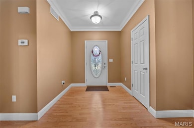 Entryway with ornamental molding and light wood-style flooring
