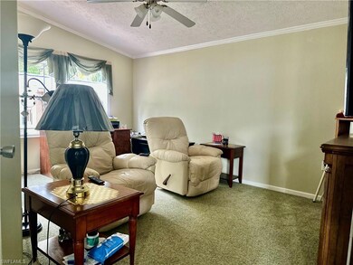 Living room featuring crown molding, carpet flooring, and a textured ceiling