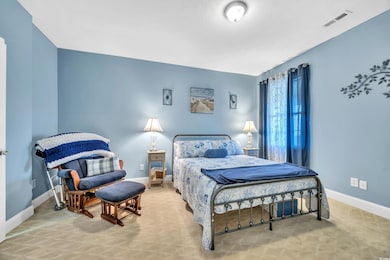 Carpeted bedroom with visible vents and baseboards