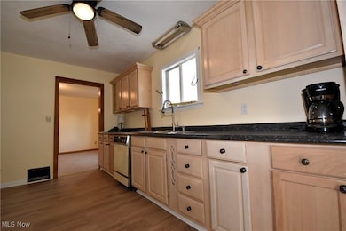 Kitchen featuring light brown cabinets, wood finished floors, dishwasher, and a ceiling fan