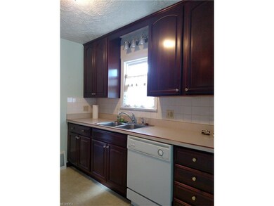 Floor to ceiling cherry finish cabinets in kitchen