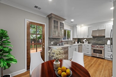 Kitchen with stainless steel appliances, under cabinet range hood, a sink, tasteful backsplash, and ornamental molding