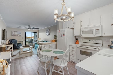 Kitchen with crown molding, white appliances, ligh