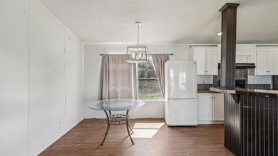 Kitchen featuring white cabinets, dark countertops