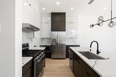 Kitchen with stainless steel appliances, dark brown cabinetry, a sink, and modern cabinets