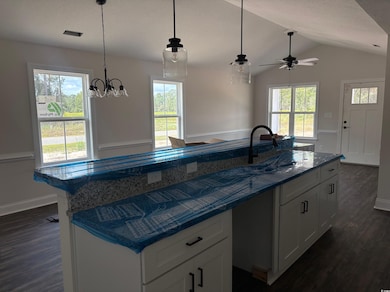 Kitchen with dark wood-style floors, white cabinets, pendant lighting, lofted ceiling, and a ceiling fan