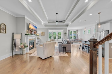 Living area featuring a ceiling fan, a fireplace, light wood-style floors, a raised ceiling, and recessed lighting