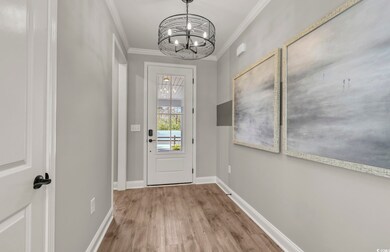 Doorway with baseboards, wood finished floors, an inviting chandelier, and ornamental molding