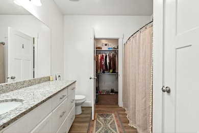 Bathroom featuring a shower with shower curtain, dark wood-style floors, vanity, and a walk in closet