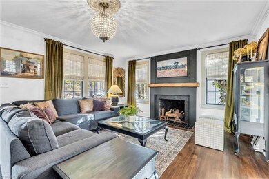Living room with wood burning fireplace