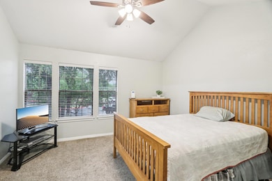 Carpeted bedroom with multiple windows, vaulted c