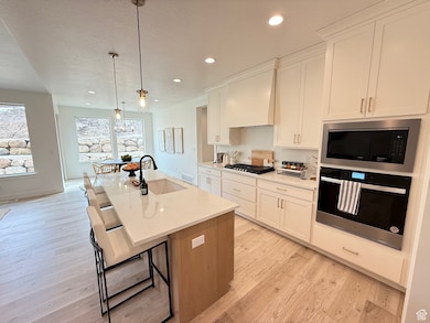 Kitchen featuring a sink, appliances with stainless steel finishes, light wood-type flooring, a center island with sink, and custom range hood