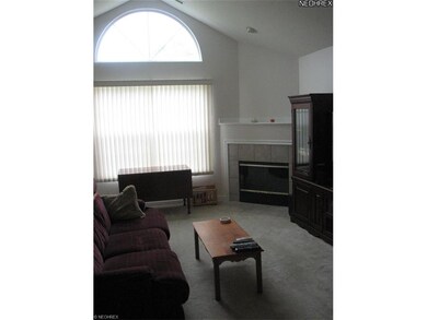 Cath ceilings in living room area with a gas firep