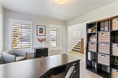 Office area with a textured ceiling