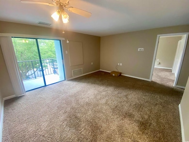 Carpeted spare room with baseboards and a ceiling fan