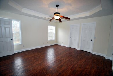 Master bedroom has elegant trey ceiling and walk in closet