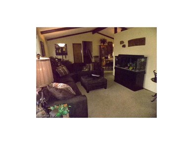 Living room with vaulted ceiling.