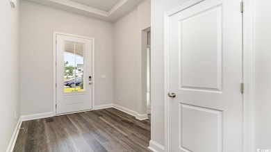 Doorway to outside featuring dark hardwood / wood-