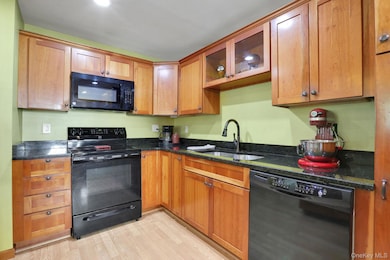 Kitchen with black appliances, dark stone counters, light wood-type flooring, brown cabinets, and glass insert cabinets