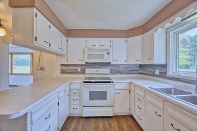 Kitchen featuring white appliances, plenty of natural light, dark wood-type flooring, and tasteful backsplash