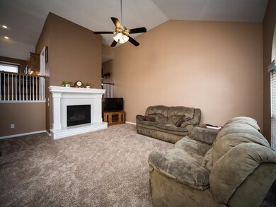 Living Room- Carpet, Ceiling Fan, Vaulted Ceiling,