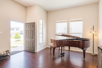 Foyer with dark wood-type flooring